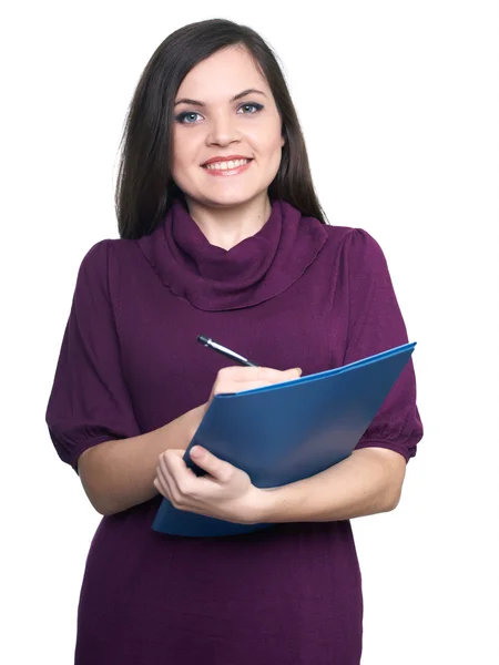 Atrakcyjna młoda kobieta w sukni. kobieta trzyma niebieski folder i — Zdjęcie stockowe