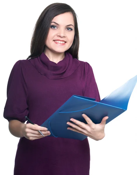 Attractive young woman in a dress. Woman holds a blue folder and — Stock Photo, Image