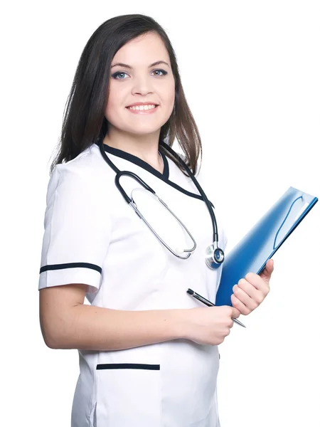 Attractive young nurse holding a blue folder. — Stock Photo, Image