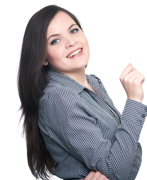 Mujer joven feliz en una blusa gris . —  Fotos de Stock