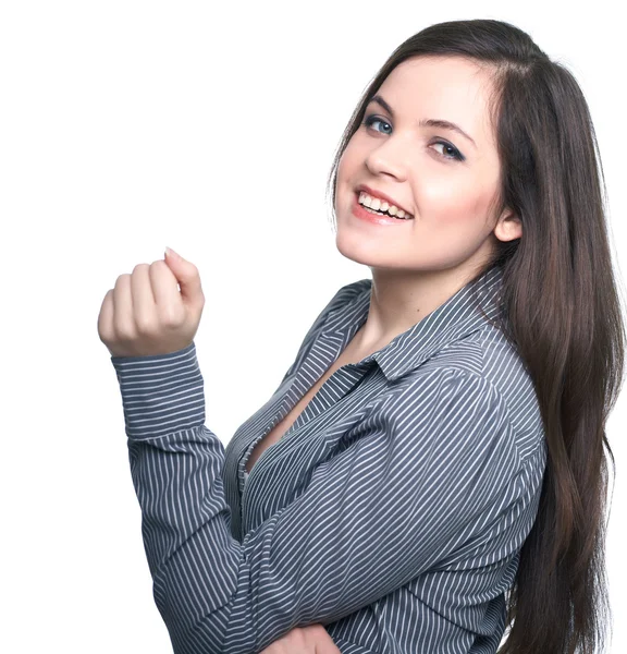 Happy young woman in a gray blouse. — Stock Photo, Image