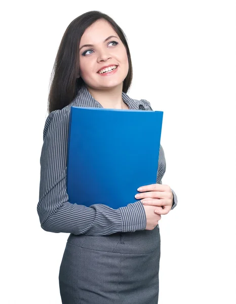 Aantrekkelijke jonge vrouw in een grijze blouse. vrouw houdt een blauwe Vouw — Stockfoto