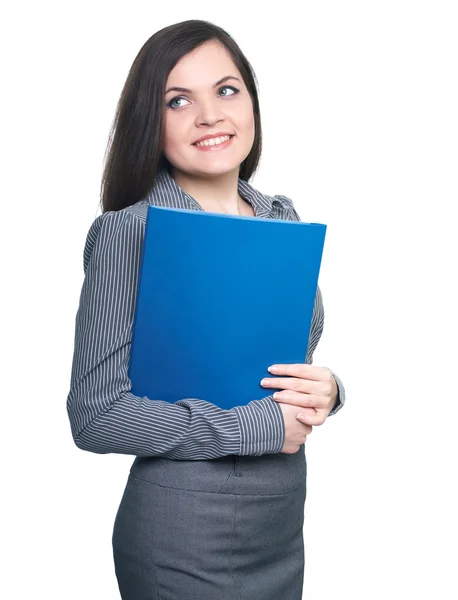 Aantrekkelijke jonge vrouw in een grijze blouse. vrouw houdt een blauwe Vouw — Stockfoto