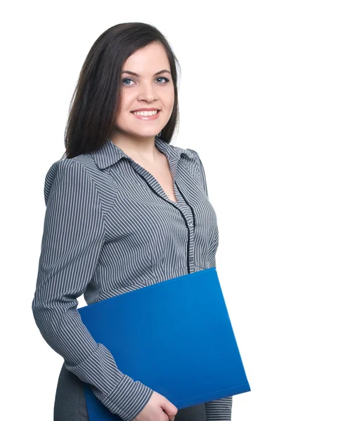 Attractive young woman in a gray blouse. Woman holds a blue fold — Stock Photo, Image