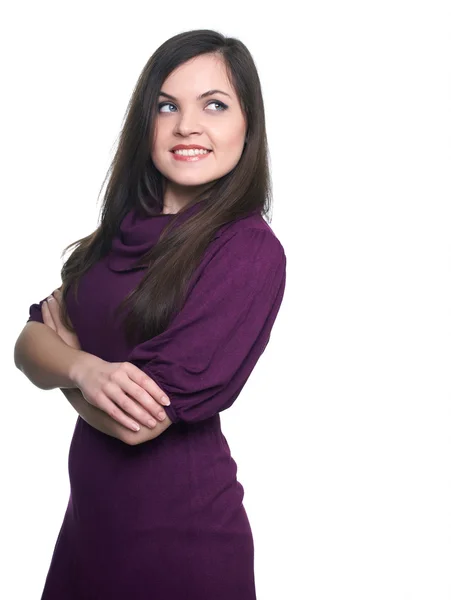 Una joven atractiva con un vestido. Mirando a la izquierda . — Foto de Stock