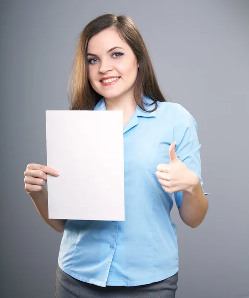 Attractive young woman in a blue shirt. Woman holds a poster and — Stock Photo, Image