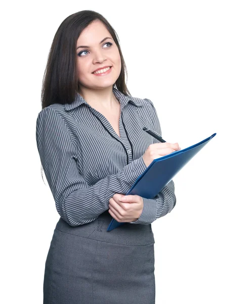 Attractive young woman in a gray blouse. Woman holds a blue fold Stock Photo