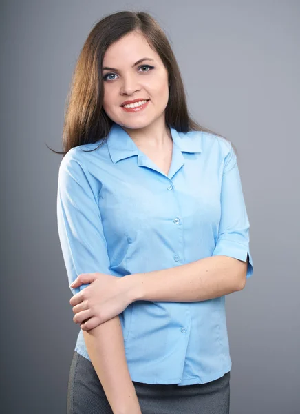 Atractiva joven con camisa azul y falda gris . —  Fotos de Stock