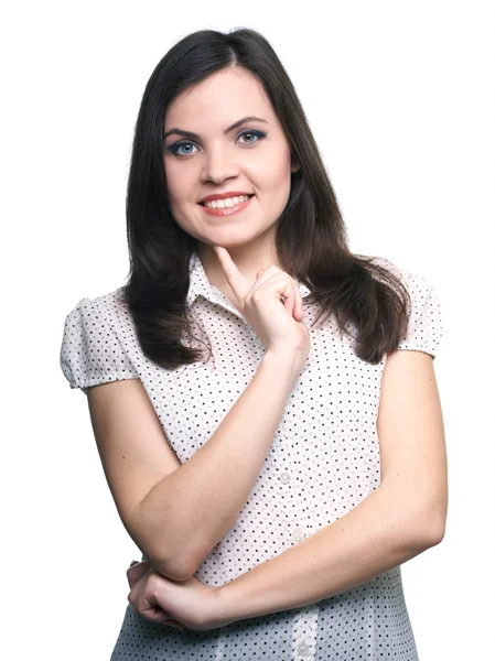 Attractive young woman in a white blouse. Woman holds her finger — Stock Photo, Image