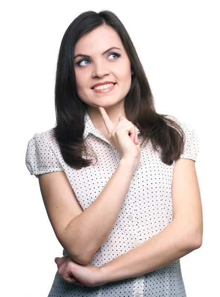 Attractive young woman in a white blouse. Woman holds her finger — Stock Photo, Image