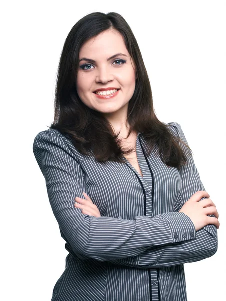 Attractive young woman in a gray blouse. Woman standing with fol — Stock Photo, Image