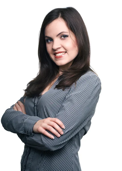 Attractive young woman in a gray blouse. Woman standing with fol — Stock Photo, Image