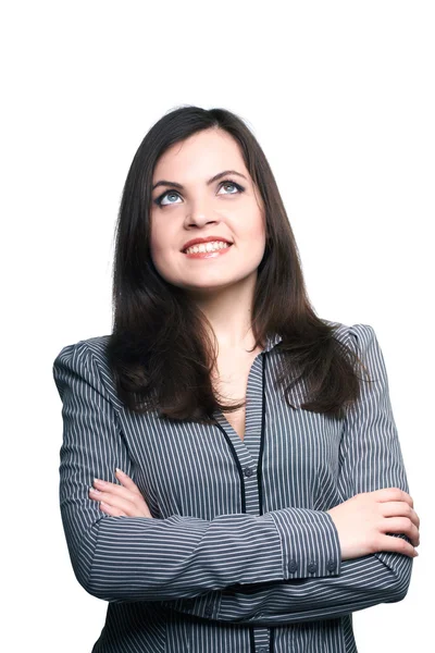 Attractive young woman in a gray blouse. Woman standing with fol — Stock Photo, Image