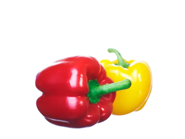 Two fresh peppers. Red and yellow. Isolated on white background — Stock Photo, Image