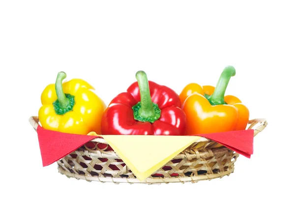 Fresh peppers are in the basket. Basket decorated with napkins. — Stock Photo, Image