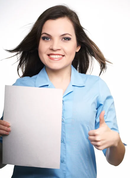 Attractive young woman in a blue shirt. Woman holds a poster and — Stock Photo, Image