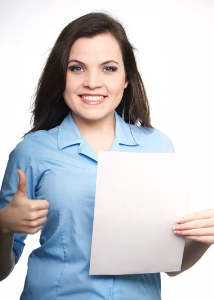 Attractive young woman in a blue shirt. Woman holds a poster and — Stock Photo, Image