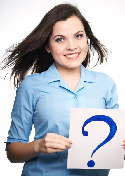 Attractive young woman in a blue shirt. Woman holds a poster wit — Stock Photo, Image