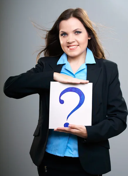 Attractive young woman in a black jacket. Woman holds a poster w — Stock Photo, Image