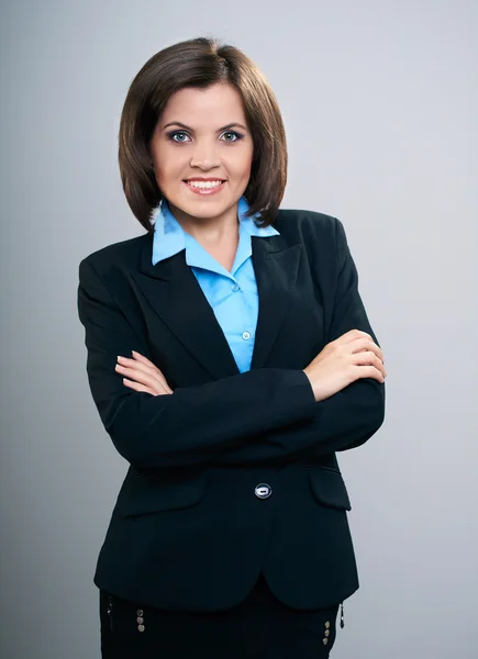 Attractive young woman in a black business suit. Standing with f — Stock Photo, Image