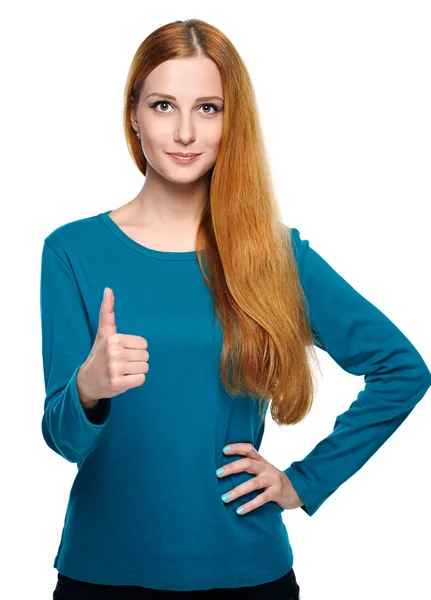 Una joven atractiva con una camisa azul. Mostrando pulgares hacia arriba . —  Fotos de Stock