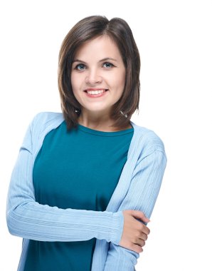 çekici genç kadın mavi gömlekli. Beyaz backgr izole
