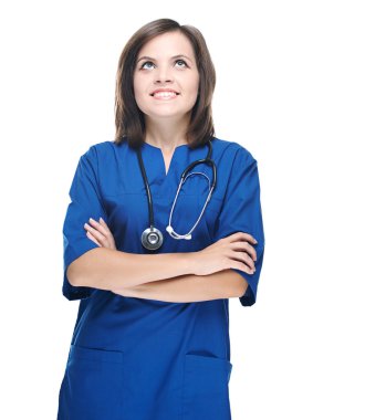 steteskop ile çekici genç hemşire. katlanmış ile ayakta