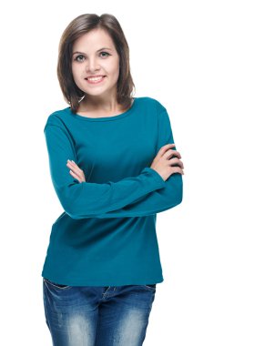 çekici genç kadın mavi gömlekli. katlanmış han ile ayakta
