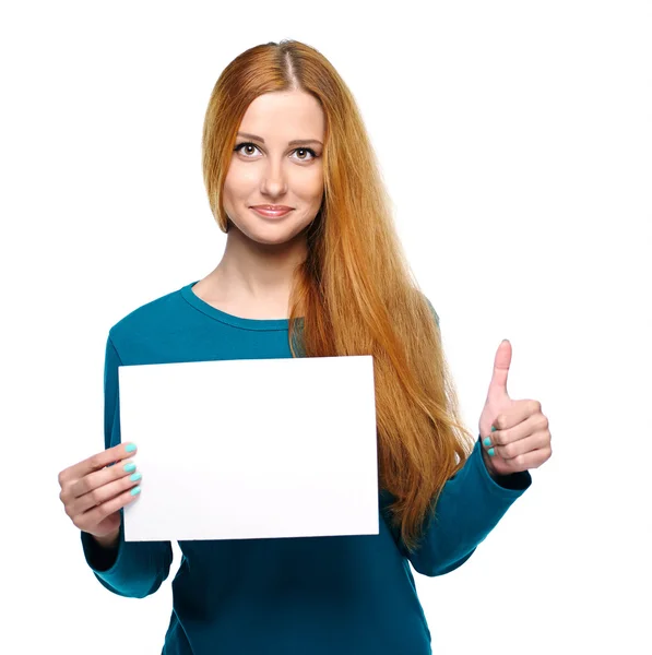 Attractive young woman in a blue shirt. Holds a poster and showi — Stock Photo, Image