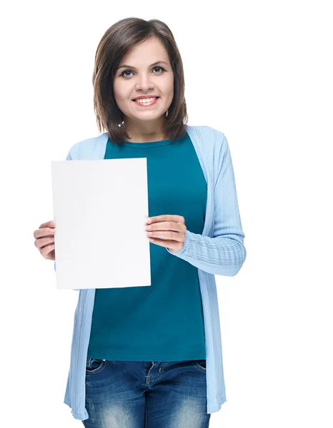Attractive young woman in a blue shirt. Holds a poster. — Stock Photo, Image