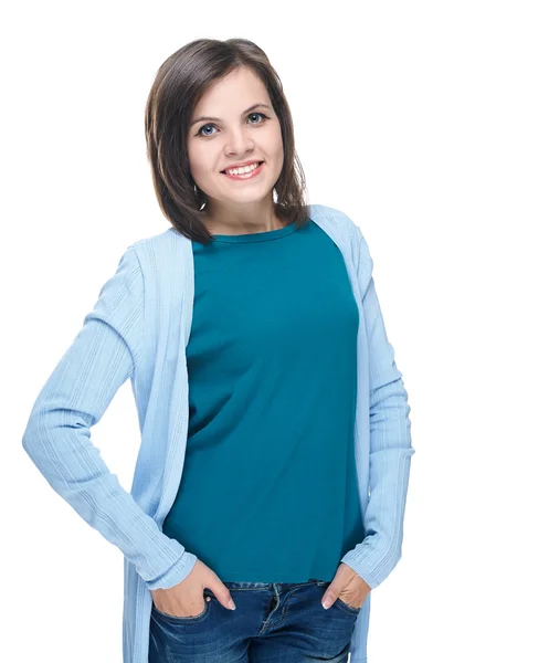 Attraente giovane donna in camicia blu e jeans blu . — Foto Stock