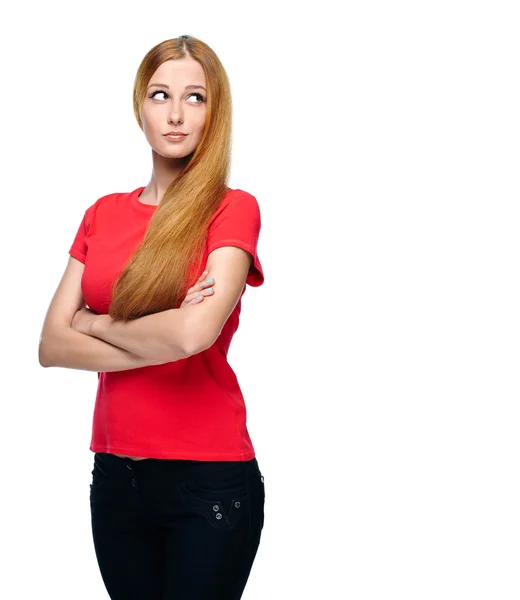 Attraente giovane donna in camicia blu e jeans blu. In piedi — Foto Stock