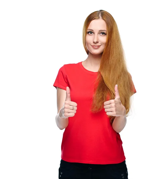 Una joven atractiva con una camisa roja. Mostrando pulgares hacia arriba con bo — Foto de Stock