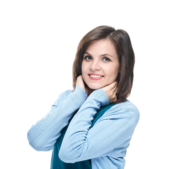 Attractive young woman in a blue shirt. — Stock Photo, Image