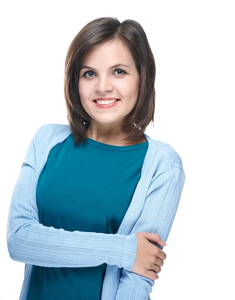 Una joven atractiva con una camisa azul. Aislado sobre fondo blanco —  Fotos de Stock