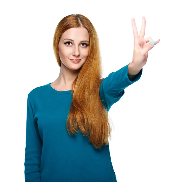 Jolie jeune femme en chemise bleue. Affiche le symbole de la victime — Photo