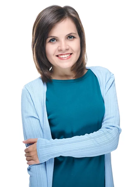 Ελκυστική νεαρή γυναίκα σε ένα μπλε πουκάμισο. απομονώνονται σε λευκό έκφραση — Φωτογραφία Αρχείου