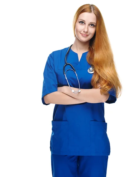 steteskop ile çekici genç hemşire. katlanmış ile ayakta