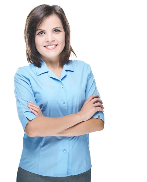 Una joven atractiva con una blusa azul. De pie con ha plegado —  Fotos de Stock