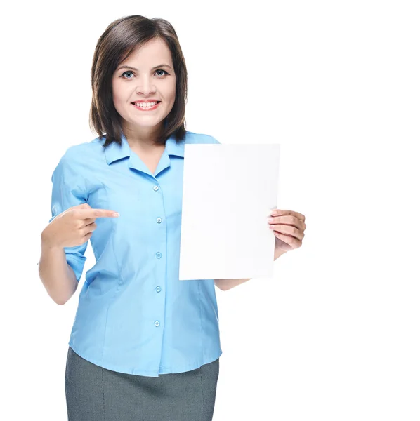 Attractive young woman in a blue blouse. Holds a poster and poin — Stock Photo, Image