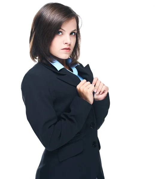 Attraktiv ung kvinna i en svart jacka. isolerade på vit baksida — Stockfoto