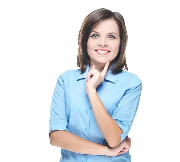 Uma jovem atraente de blusa azul. Segurando seu dedo em h — Fotografia de Stock