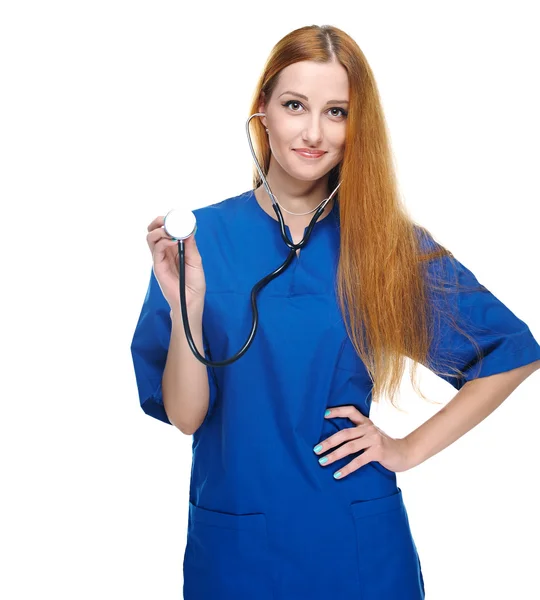 Attractive young nurse with a stethoscope. Isolated on white bac — Stock Photo, Image