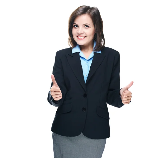 Attractive young woman in a black jacket. Showing thumbs up with — Stock Photo, Image