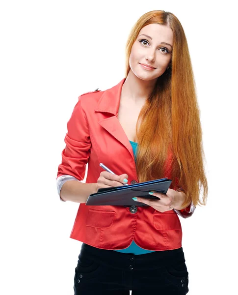 Attractive young woman in a red jacket. Holds a a folder and wri — Stock Photo, Image