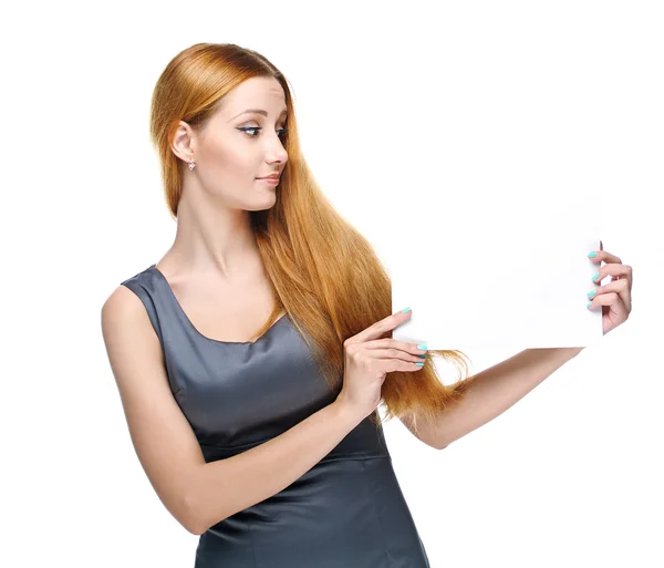 Attractive young woman in a gray business dress. Holds a poster — Stock Photo, Image