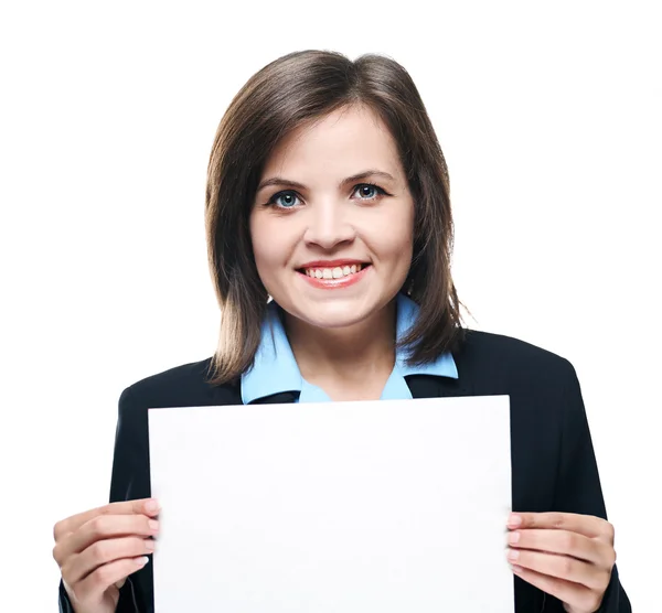 Attractive young woman in a black jacket. Holds a poster. — Stock Photo, Image