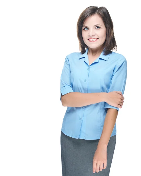 Ελκυστική νεαρή γυναίκα σε ένα μπλε μπλούζα. απομονώνονται σε λευκό backg — Φωτογραφία Αρχείου