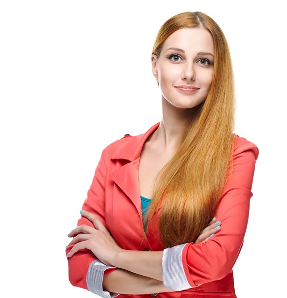 pembe bir ceket çekici bir genç kadın. Beyaz arkasında izole