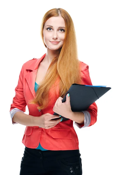 çekici genç kadın kırmızı ceket. bir klasörde tutar. Uzun kırmızı